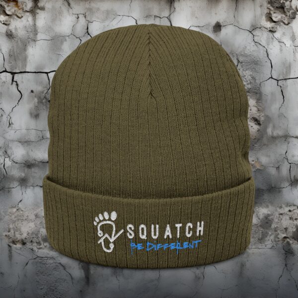 Ribbed Knit Beanie with Embroidered 'SQUATCH Be Different' Design - Image 5